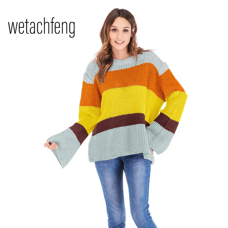 Полный 2019 женский свитер Топ вязаный с круглым вырезом рожок длинный рукав три