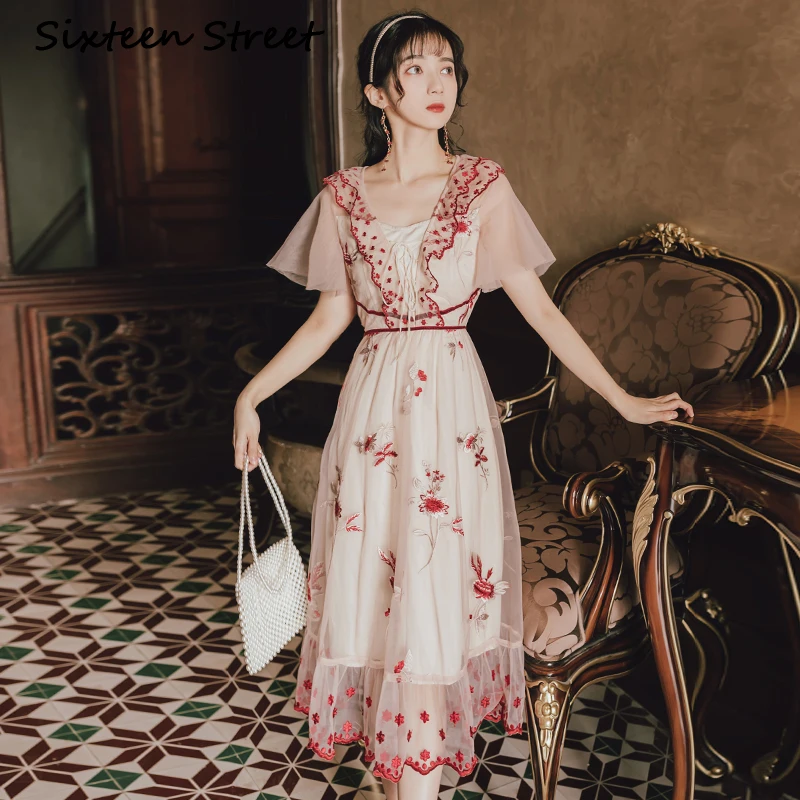 

2021 Summer Maxi Elegant Floral Embroidery Voile Short Sleeve V-neck Fit and Flare Long Women Evening Party Dress