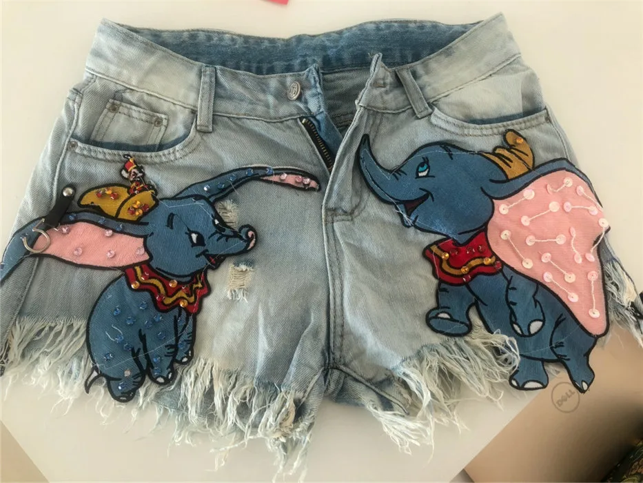 Новый летний Джинсовые шорты тяжелый Бисер слон шикарные блестящие с рваными