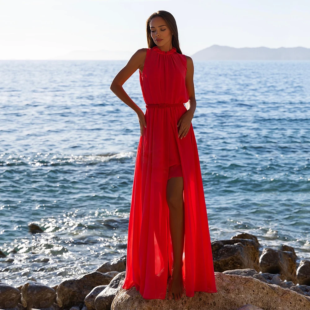 

UZN Sexy Red Chiffon A Line Long Prom Dresses O Neck Sleeveless Formal Woman Party Dress Openback Evening Gowns With Split