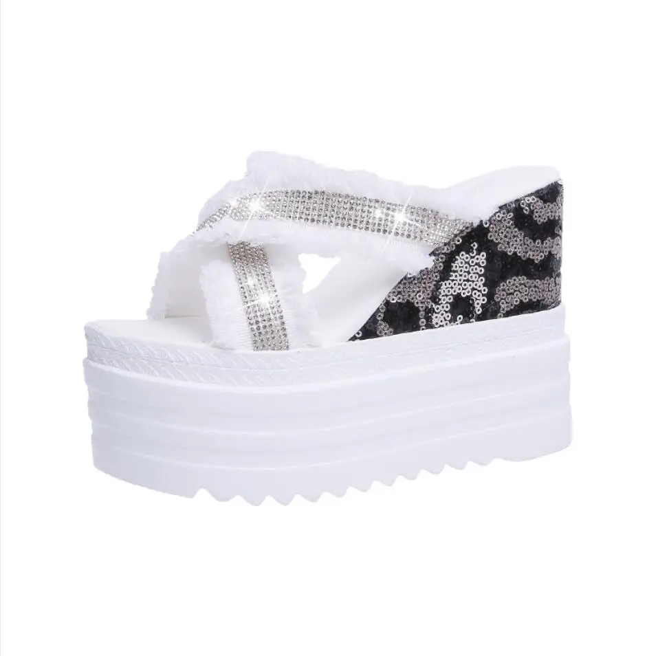 

Rhinestone Women Sandals Fashion12cmHigh Heels Gladiator Sandals Summer Open-Toed Platforms Slippers Outdoor Wedge Beach Shoes