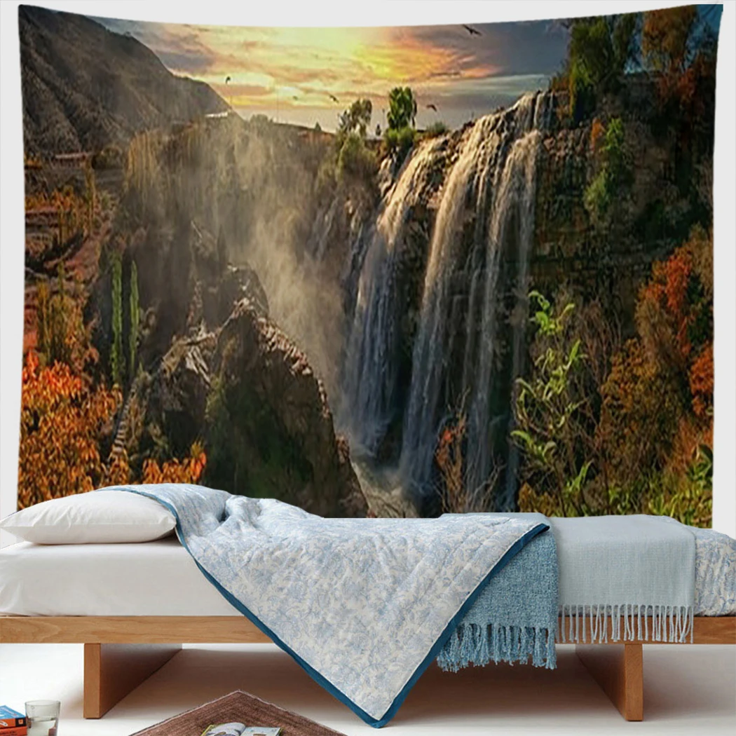 

Natural Landscape Tapestry Fancy Waterfall Mountain Cliff Maple Eagle Modern Art Wall Hanging Boho Home Decor Picnic Mat Carpet
