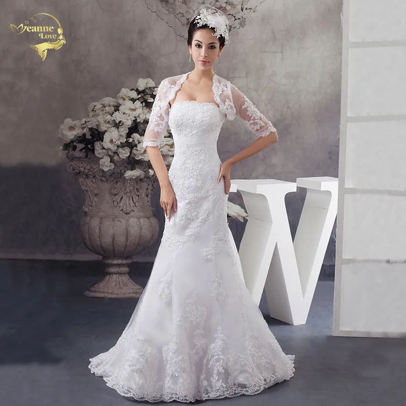 

2021 Spring Lace Strapless Mermaid Wedding Dresses With Jacket Bolero Court Train Applique Beaded Elegant Bridal Gowns Plus Size