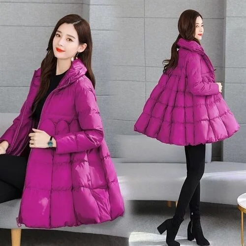 

Large cotton padded jacket women's middle and long Korean A-line stand collar Cape zipper cotton padded jacket middle aged