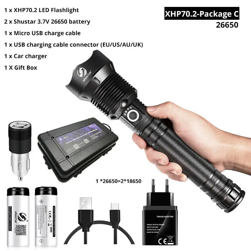 XHP70.2-26650-C Мощный светодиодный фонарик с XHP 70,2, лампа с бусинами, масштабируемый, 3 режима освещения, светодиодный фонарь, поддержка для Mircro зарядки, Охотничья лампа - Испускаемый цвет: XHP70.2-26650-C