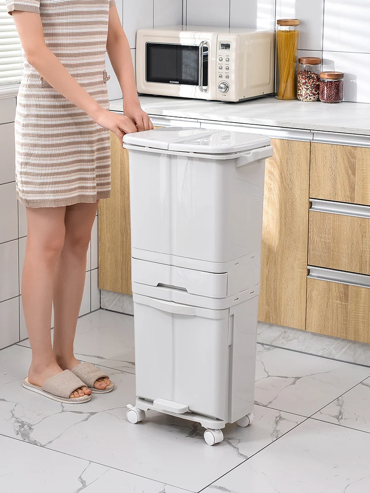 

Kitchen Trash Can Recycle Bin Sorting Trash Bin Household Dry And Wet Separation Waste Bin Classification Rubbish Bin with wheel