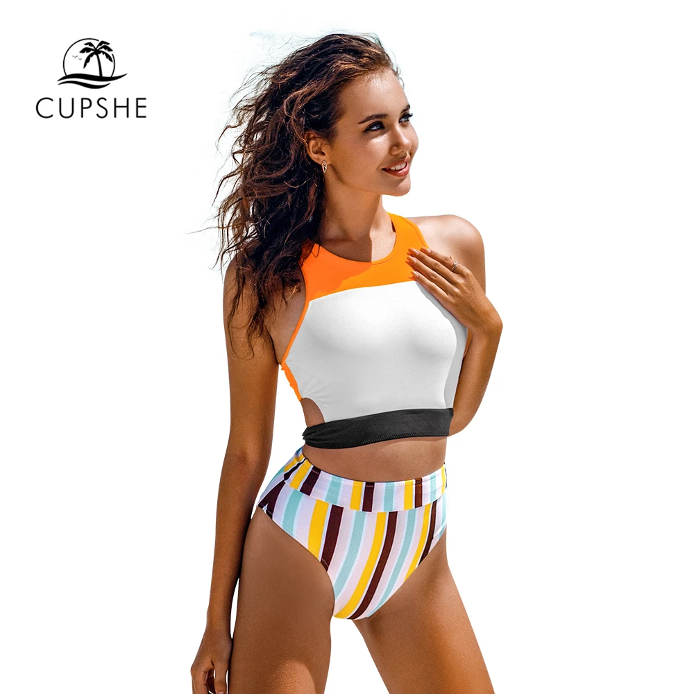 CUPSHE оранжевые белые с высокой горловиной талией комплекты бикини женский