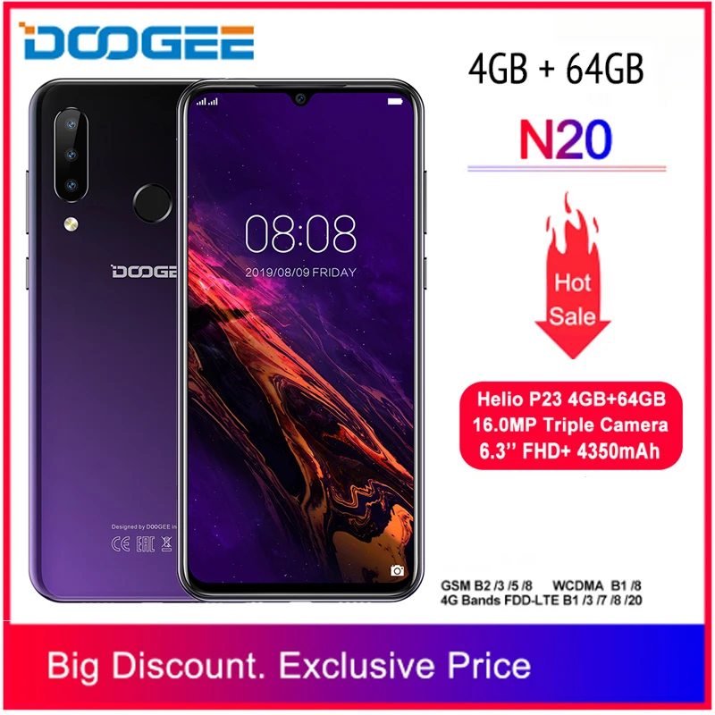 DOOGEE N20, новинка, смартфон, 6,3 дюймов, FHD+ дисплей, 4350 мАч, 4 Гб+ 64 ГБ, четыре ядра, 10 Вт, зарядка, отпечаток пальца, 16 МП, тройная задняя камера