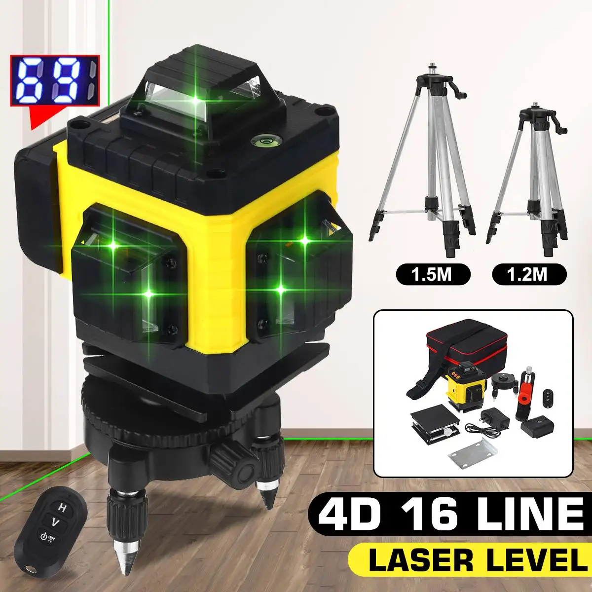 

Лазерный уровень, самонивелирующийся зеленый нивелир с 16 линиями 4D и держателем штатива, Горизонтальные и вертикальные перекрестные линии,...