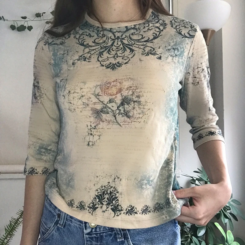 

Женская Винтажная Футболка Y2K с графическим принтом, облегающий кроп-Топ с длинным рукавом, пуловеры, осенняя сказочная футболка 90-х в стиле ...