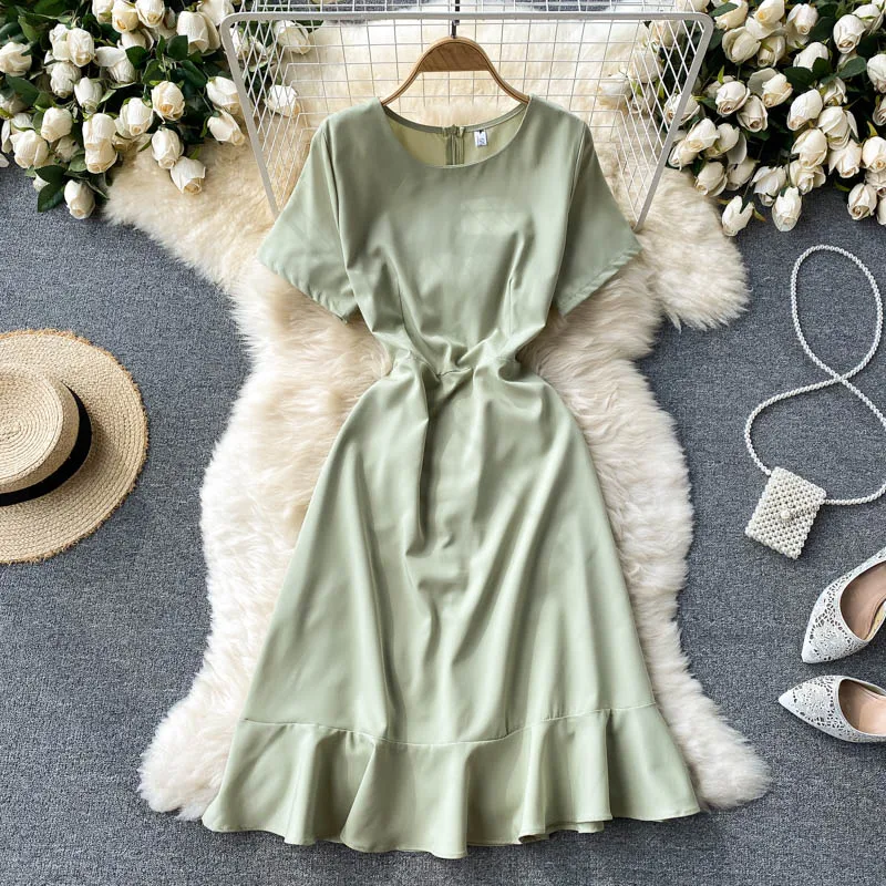 

WEIHAOBANG 2021 Women's Summer New Solid Casual Slim Dress Ladys Short Sleeve High Waist O Neck Sweet Dress Women Dresses