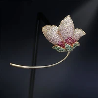 elegant sweet flower corsage gold plated jewelry shining micro pave cubic zirconia plant brooches pins bridal suit scarf buckle