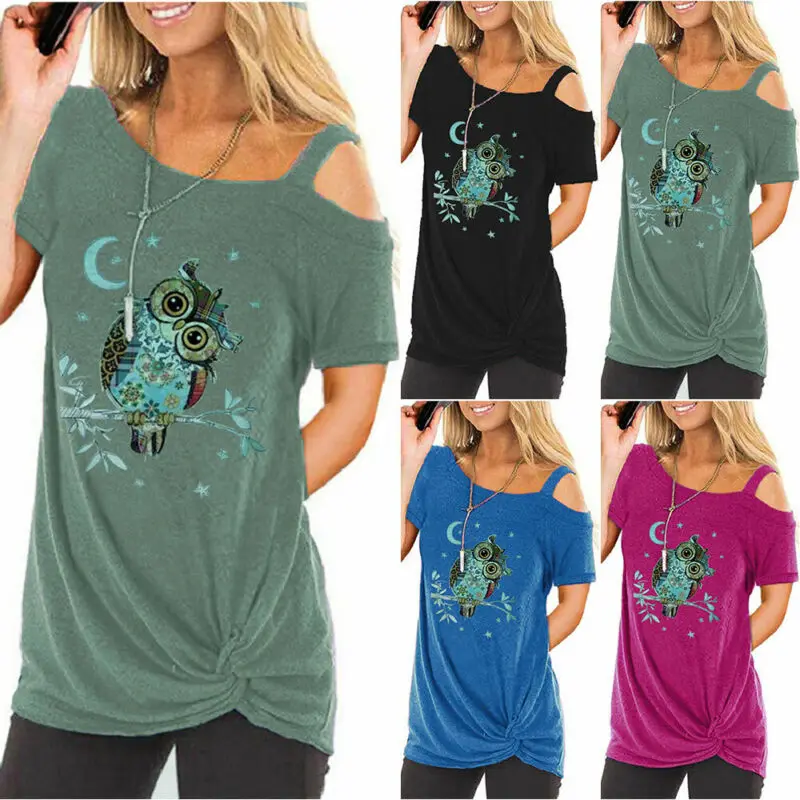 

Women's Shirts Short Sleeve Cold Shoulder Round Neck Moon Owl-Printed T-shirt Tops Woman Tshirts