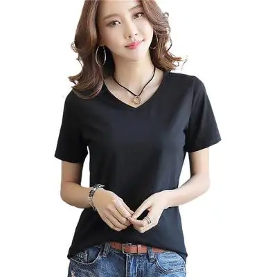 

Summer leisure T-shirt women's solid color T-shirt V-neck 100% cotton New gray