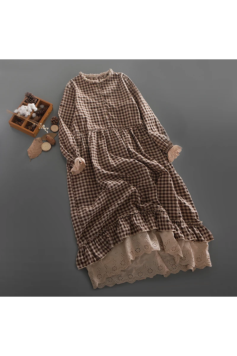 

Mid-Length Cotton Linen Plaid Dress Women'S Lace Collar Lace Embroidery Hem Loose Knee-Length Dress