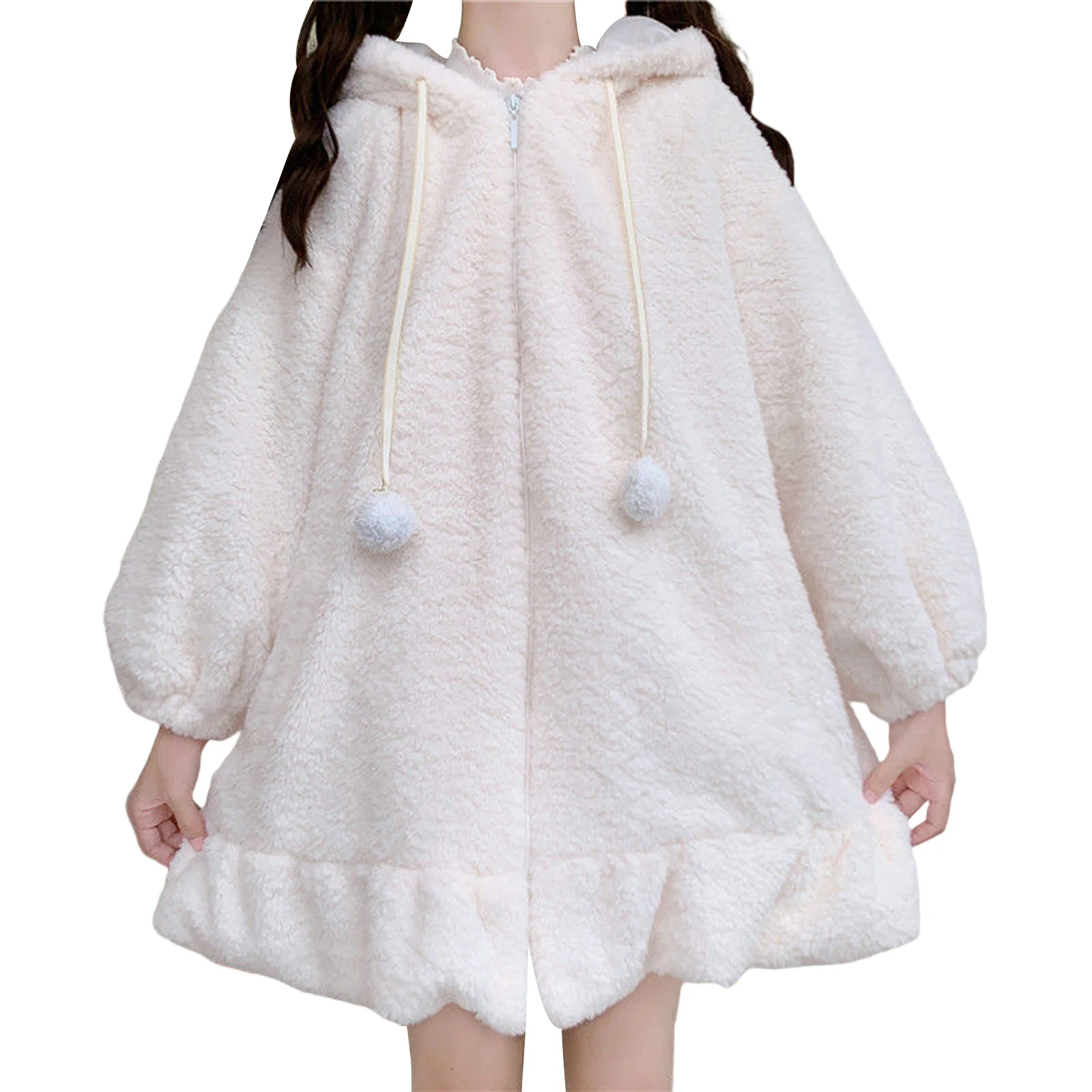 

Women Cute Bunny Ear Hoodie, Adults Fuzzy Fluffy Long Sleeve Sweatshirt with/without Pom Poms Garment