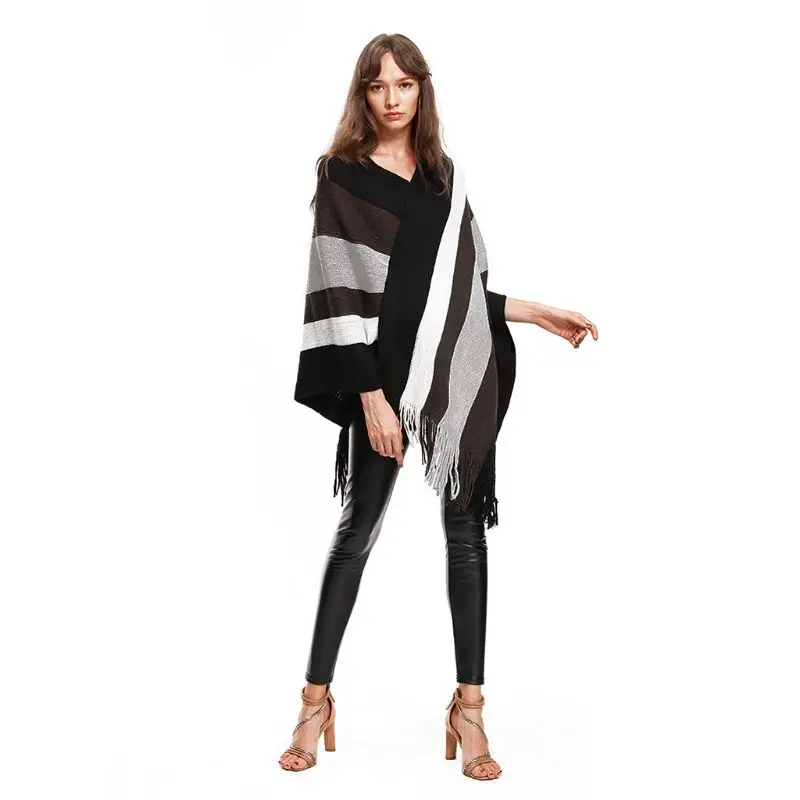 

Womens Asymmetric Tassels Poncho Cape Pullover Tops V-Neck Knit Batwing Sweater