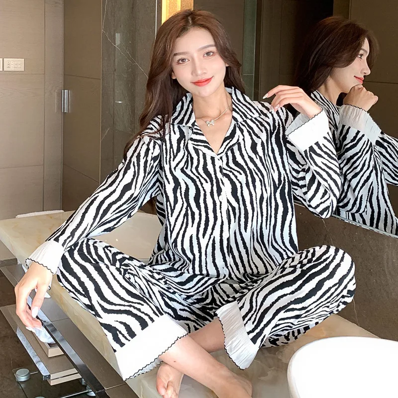 Spring Summer Ice Silk Women's Pajamas Korean Sexy Sleepwear Sweet Fashion Long Sleeve Cardigan Home Wear Set Nightwear