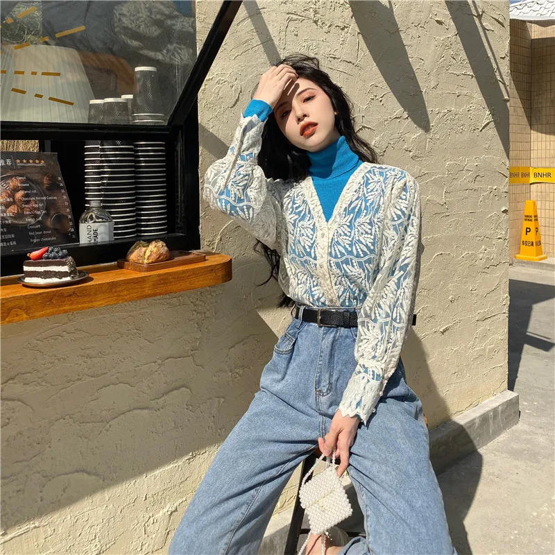 

2021 Lace Woman Blouse Shirt Long Sleeve Base WomenSpring Western New Loose Fashion New Elegant Chiffon Top Korean Shirt Sweet