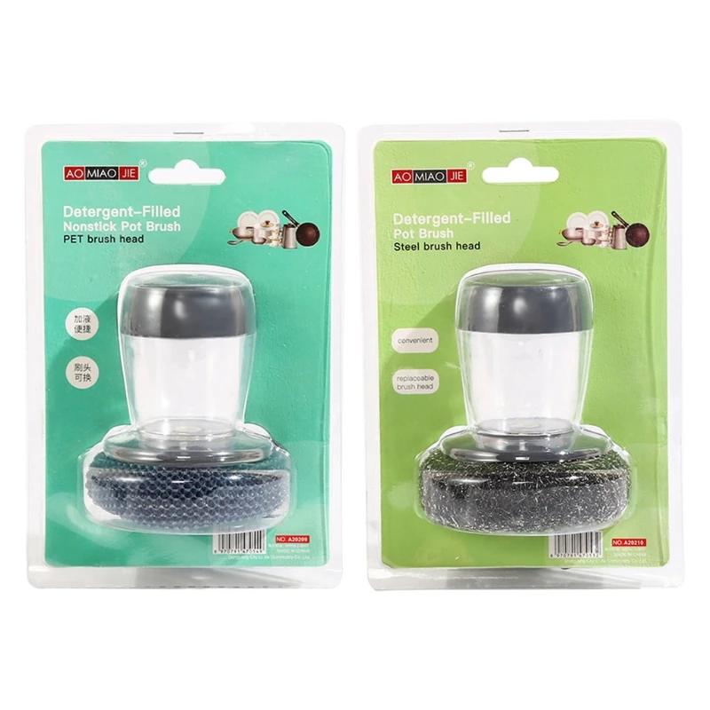 

C5AC Kitchen Dishwashing Palm Brush with Soap Dispenser Portable Steel Wire Scrubber Pot Cleaning Dish Scrub Brush Pressing