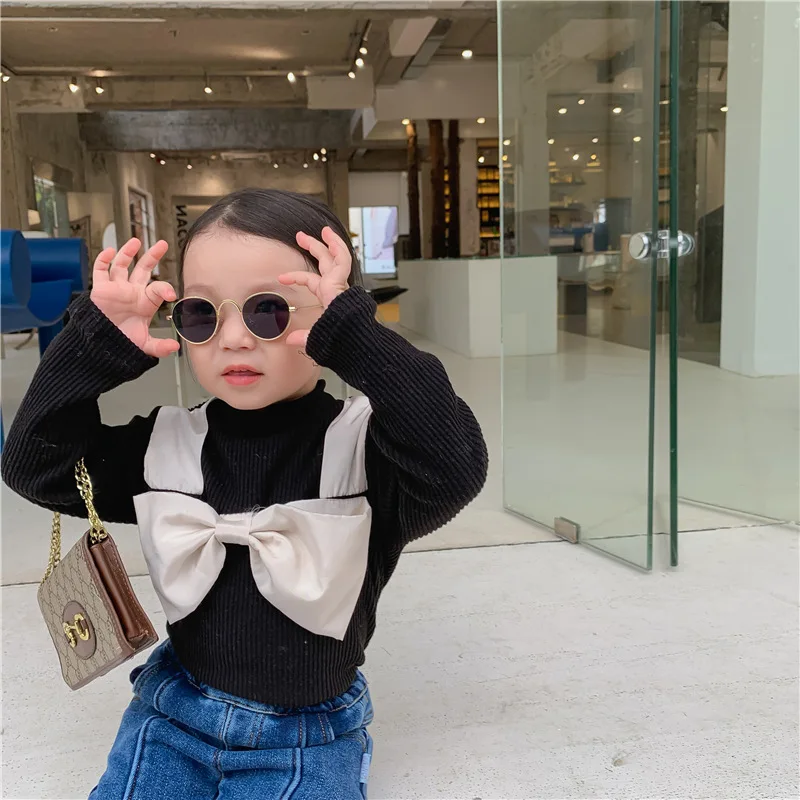 

Весенне-осенняя футболка для девочек, детская футболка, детский пуловер, топы, детская одежда, бархатная трикотажная футболка в рубчик с бол...