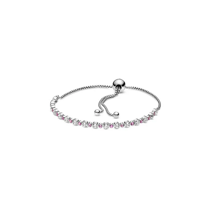 

925 Sterling Silver Blue Pink Clear Crystal Sparkle Sliding Chain Bracelet Original Pan Bangles Bead Charm Jewelry Holiday Gift