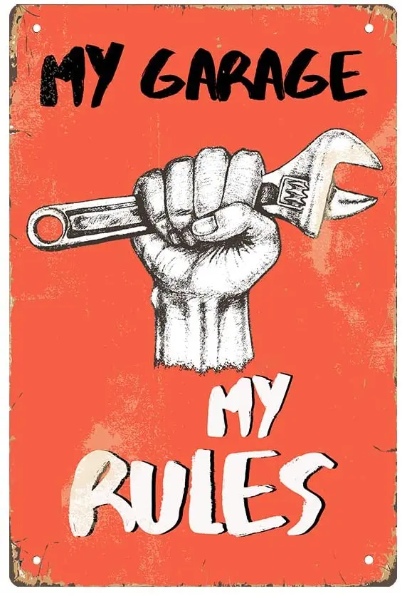 

JOYMIN - Cartel de metal retro con texto en "My Garage My Rules para de pared, para hombre, cueva bar, garaje, casa