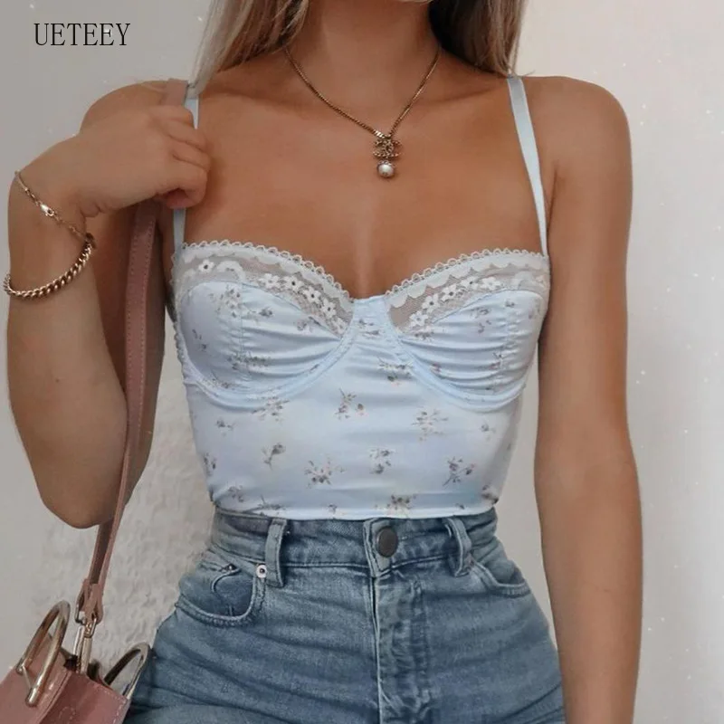 

UETEEY Aesthetic Cute Flower Print Crop Camis Tops Women Lace Trim Vintage Kawaii Clothes Sleeveless V Neck Sexy Corset Top