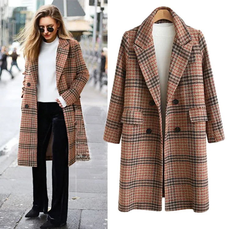 Women's British Coat Warm/Comfortable Cotton Large Size Loose Mid-length Plaid Woolen Coat Woolen Coat Retro Commuting Casual
