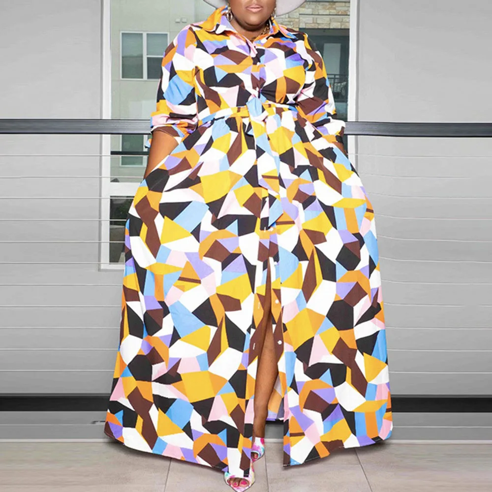 

Женское платье-рубашка с принтом, повседневное однобортное длинное платье-рубашка свободного покроя с отложным воротником в Западном афри...