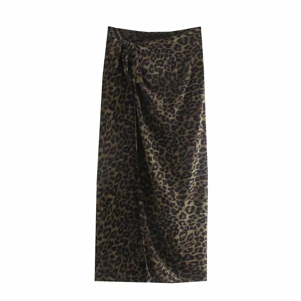 

Za Elegant Slit Wrap Half Length Skirt Fashion Bow Tie Vintage Leopard Print Midi Sarong Skirts Chic Knotted High Waist Faldas
