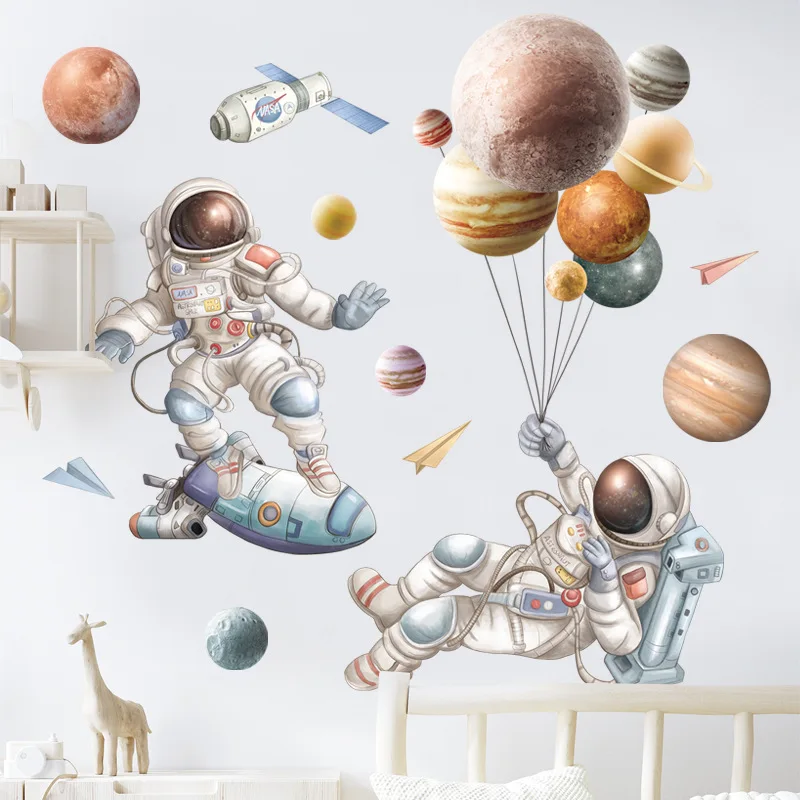

Skateboarding Astronaut Wall Stickers for Kids Room Bedroom Nursery Wall Decor Removable Vinyl Planet Sticker Home Decoration