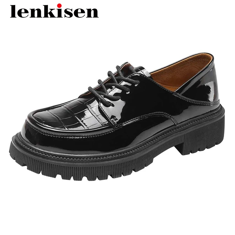 

Lenkisen cow split leather gingham England style handmade round toe thick med heel lace up young girls gorgeous women pumps L91