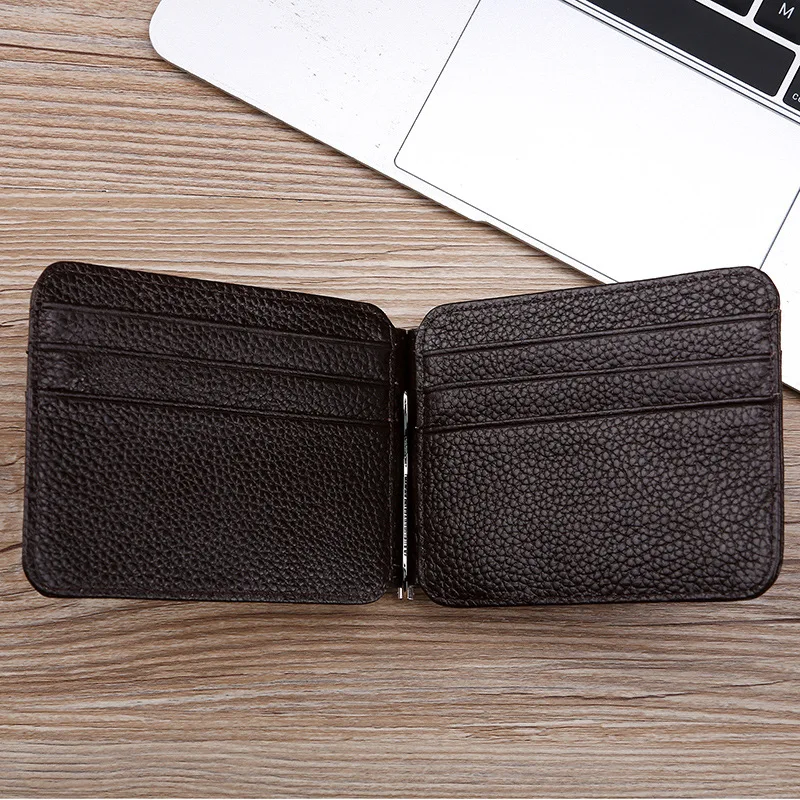 Мужской кожаный тонкий кошелек с зажимами для денег Женский однотонный
