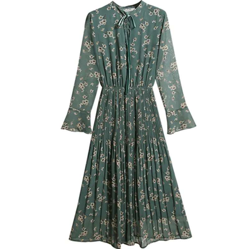 

Женские платья в стиле ретро с цветочным принтом, весна-осень 2022, Новая Элегантная Женская одежда, шифоновое платье с длинным рукавом и высо...