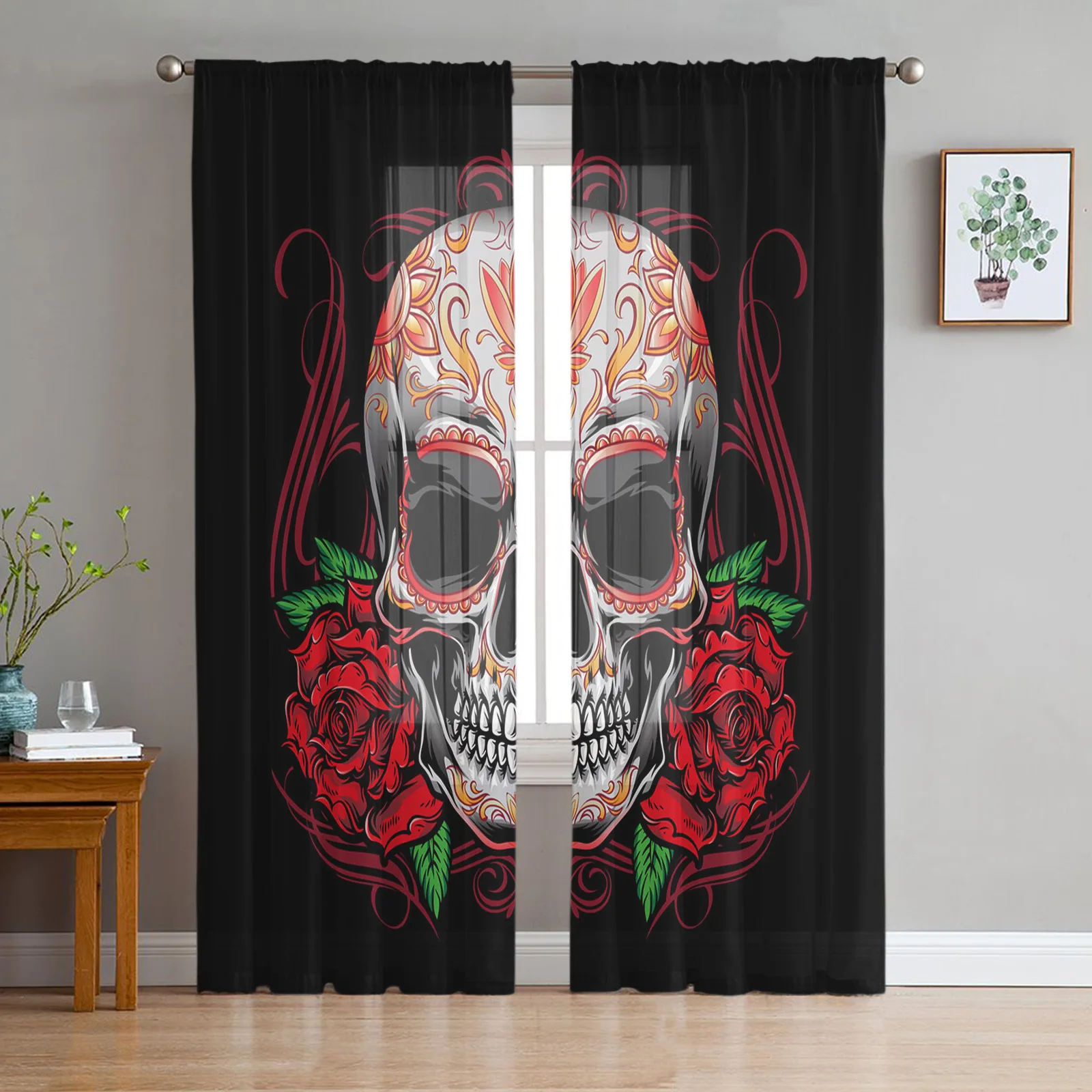

Прозрачные Занавески в виде черепа, розы, черепа, тюлевые шторы на окна для гостиной, спальни, кухни, занавески для шерсти, украшение