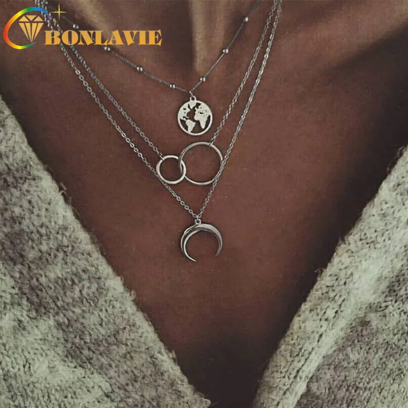 Женский ретро кулон с Луной и картой мира многослойный серебряный вечерние
