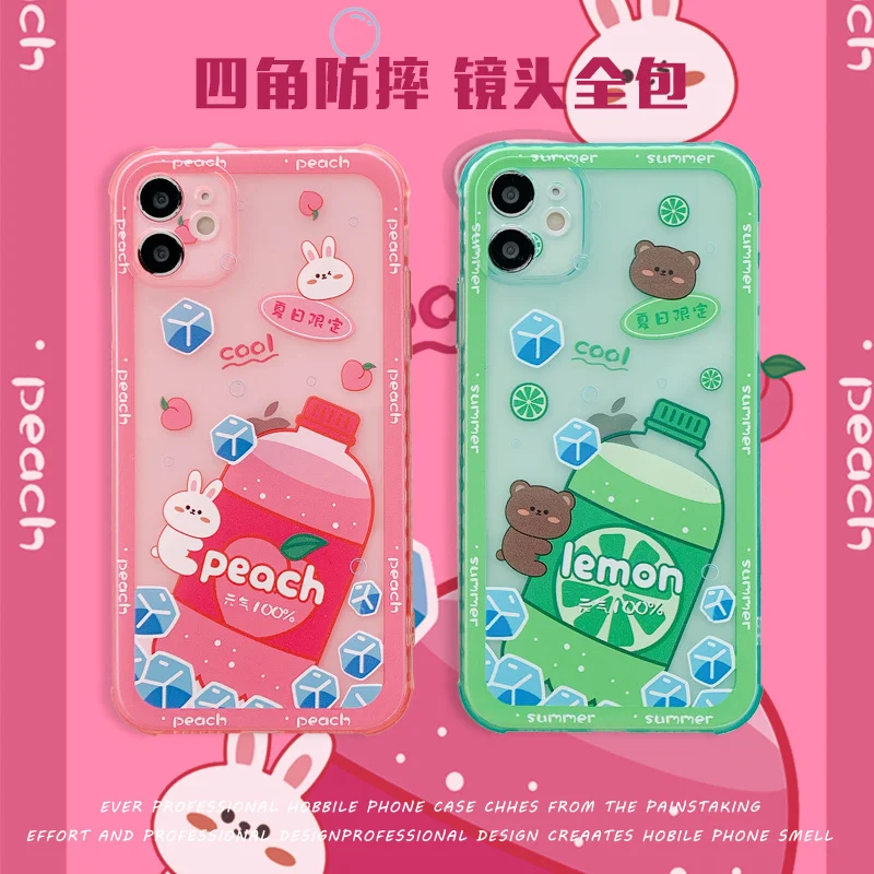 

Gorgeous Fashion Cute Cartoon Peach Leman Soda Case For iphone 12 Pro Max 13 Mini 11 XR XS Max X 7 8 Plus Soft Lovely Back Cover