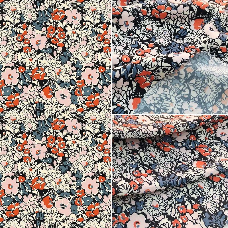 

2021 Spring and summer new products European and American brand small red flower stretch satin printed fabric spot