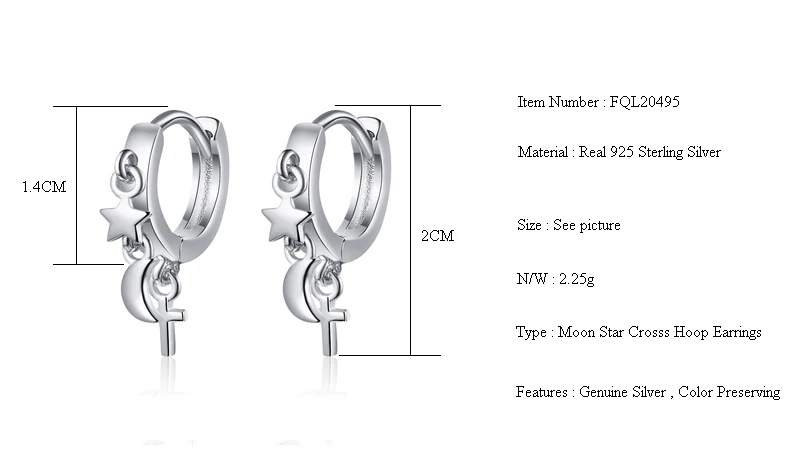 

Fanqieliu Creative Vintage Jewelry Moon Star Real 925 Sterling Silver Earrings For Girl Cross Hoops Women FQL20495
