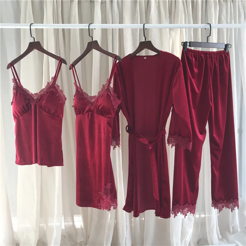 Осенняя Новинка золотой бархатный мягкий комплект из 4 предметов женский халат