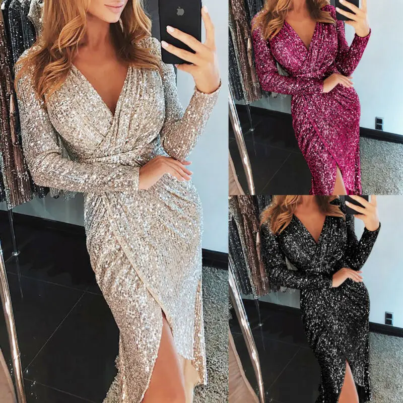 Women Glitter Sequined Dresses Long Sleeve Split Dress Deep V Neck Elegant Evening Club Party Bodycon Slim 3Colors | Женская одежда