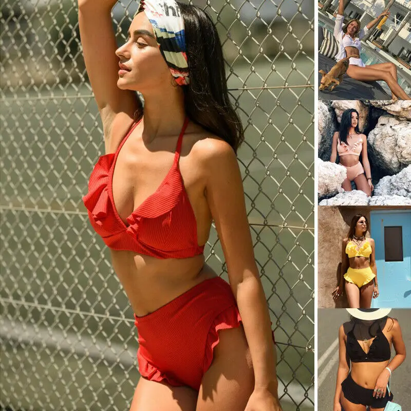 2020 женский пуш ап Мягкий Одноцветный купальник на бретельках с оборками и