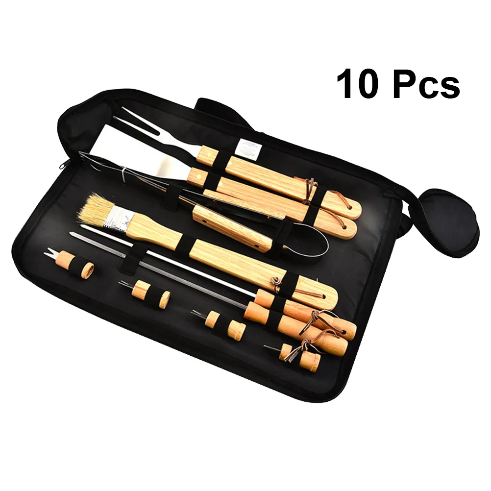 

10PCS Wooden Handle Barbecue Tools Kit Spade Brush Cutter BBQ Tools with Storage Bag for Picnic Camping