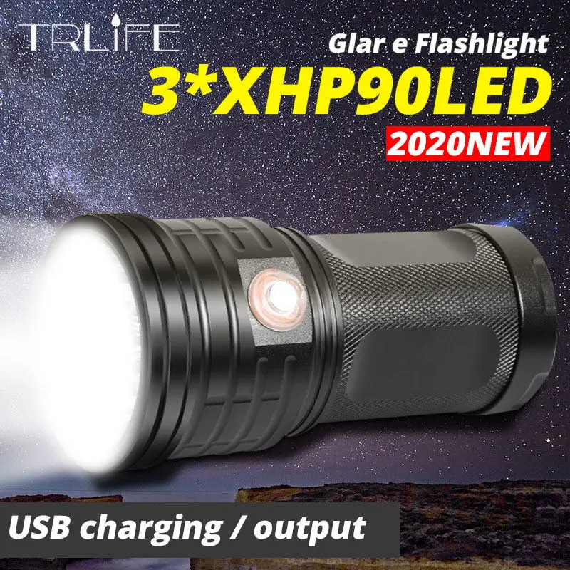 

Супер яркий 3 * XHP90 USB Перезаряжаемый светодиодный фонарик, мощный яркий фонарик, водонепроницаемый охотничий фонарь с функцией внешнего аккумулятора 18650