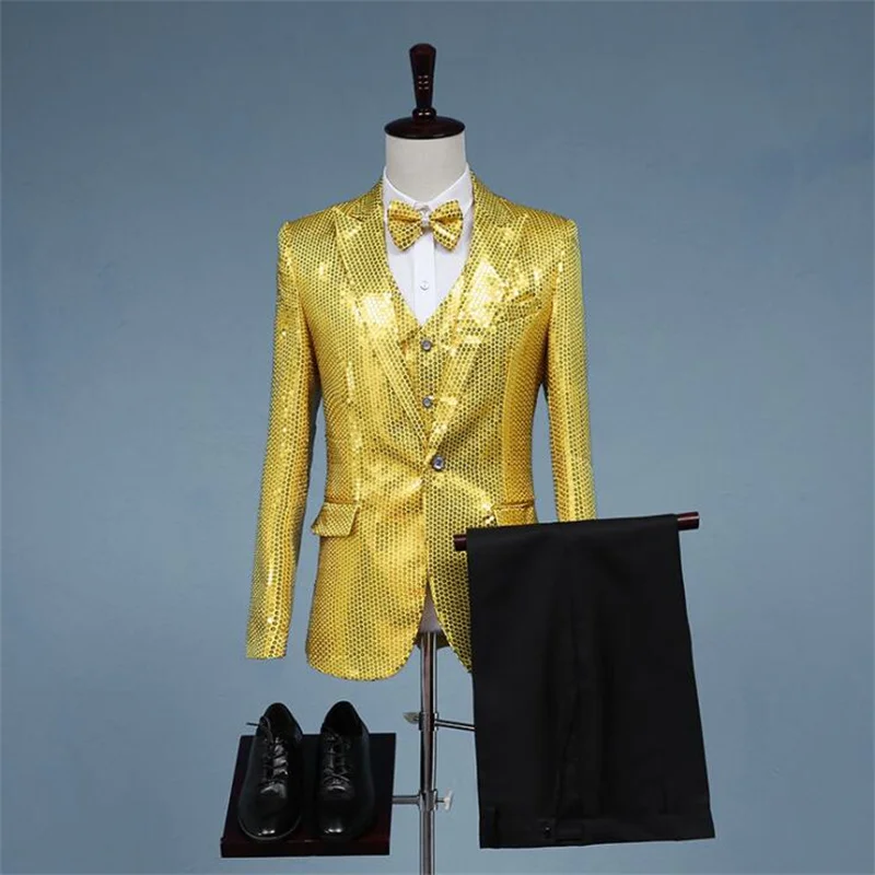 Blazers men's suit gold new korean slim host costume photo studio stage shiny fake pocket ropa de hombre trajes костюм мужской