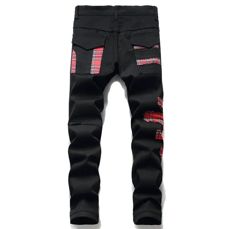 

Men's Tartan Plaids Patchwork Jeans Punk Rock Zippers Rivets Black Pants Trendy Slim Straight Trousers