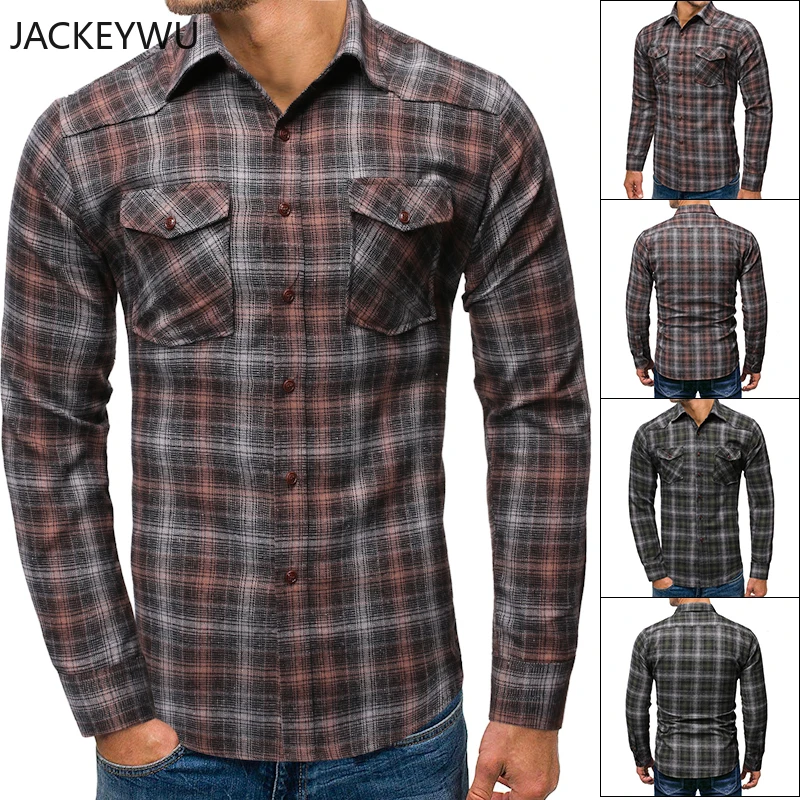 Мужская клетчатая рубашка 2019 Осенняя Модная Повседневная с двойным карманом и