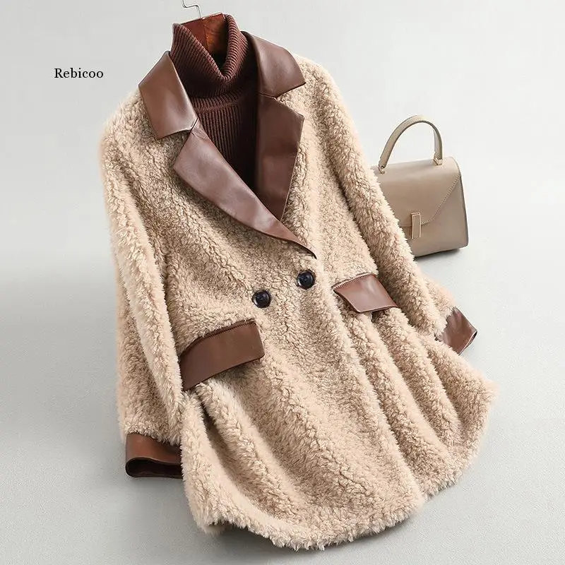 

New Autumn Winter Fashion Coat Women Real Lambswool Pu Leather Patchwork Full Sleeve Button Slim Warm