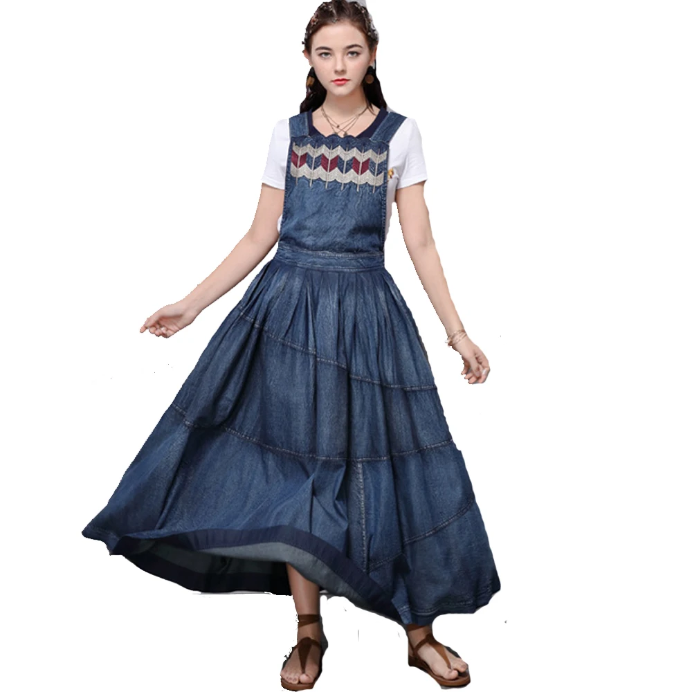 

Vintage Style Embroidery Wave Sleeveless Big Lap Denim Dress For Women Ruffle High Waist Strap Jeans Dress Blue FS0957